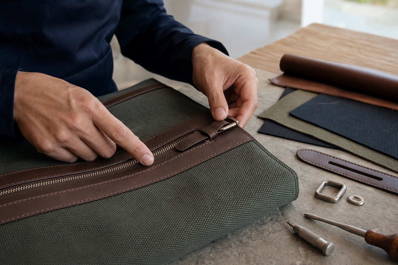 Hands inspecting stitching and hardware on a KOLLETTE travel bag panel.