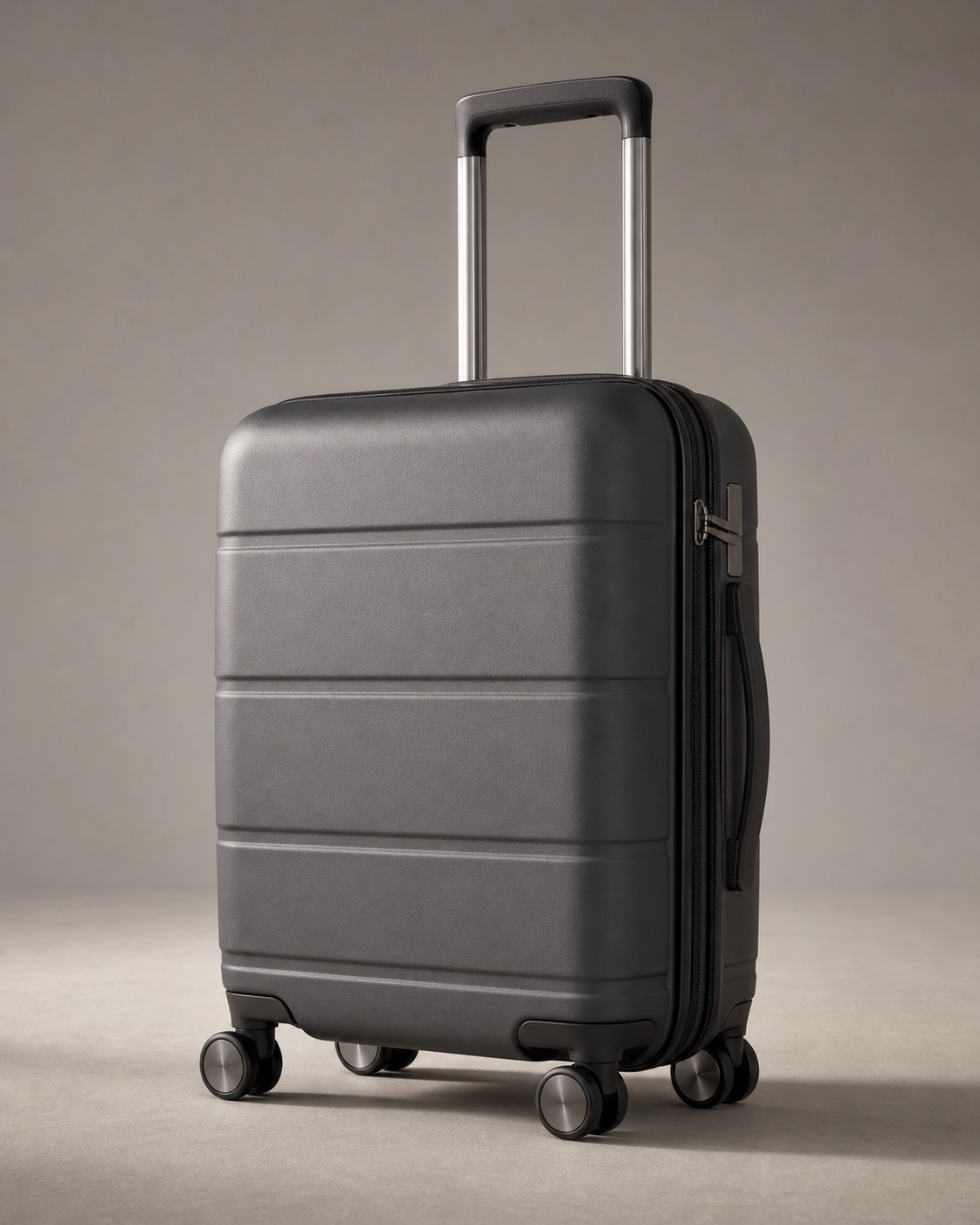 Graphite hard-shell KOLLETTE carry-on luggage.